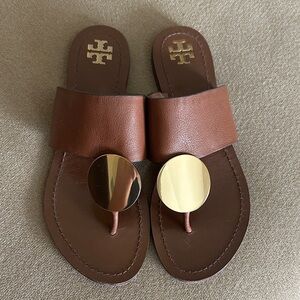 Tory Burch Cognac Leather Slide Sandals with Gold Discs